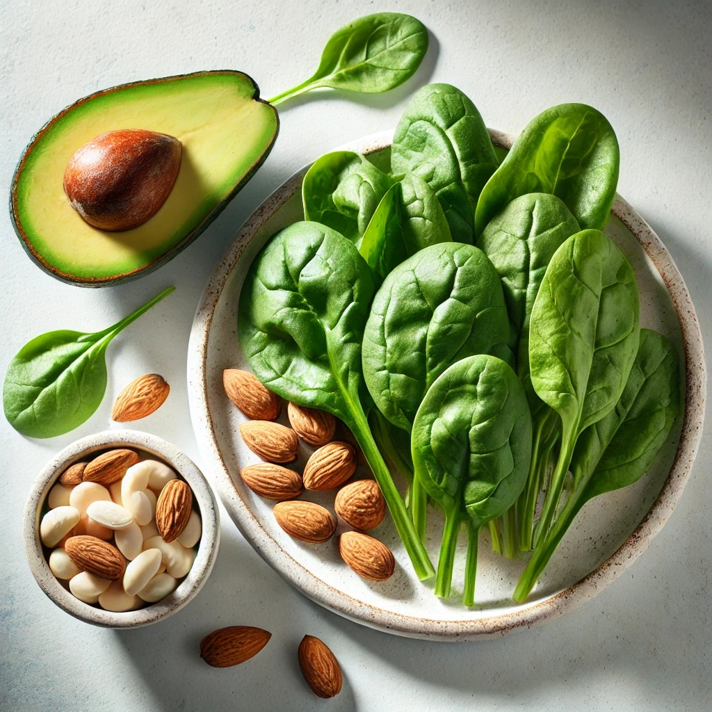 マグネシウム豊富な食品:ほうれん草、アーモンド、アボカドなど、マグネシウムが豊富に含まれる食品のクローズアップ。